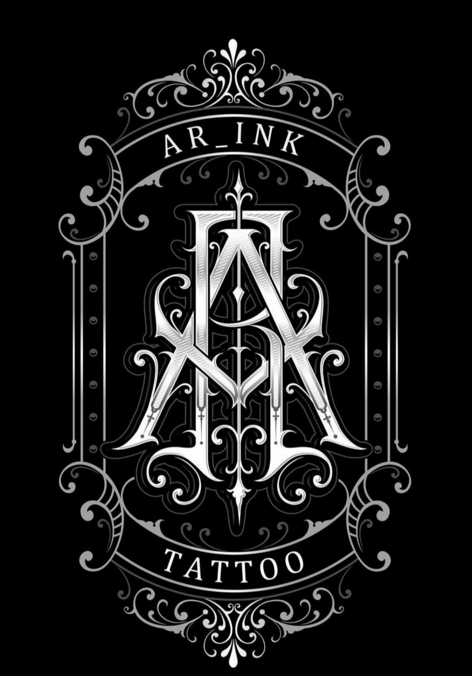 The client's own ornate needle-motif monogram, reproduced bone-on-black exactly as supplied, at height with clear space equal