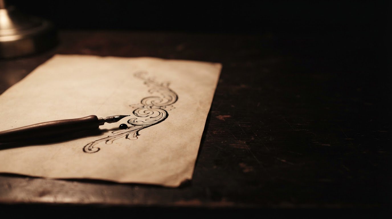 A close still life on the edge of a dark worktop: a single sheet of aged bone-colored paper carrying one half-finished
